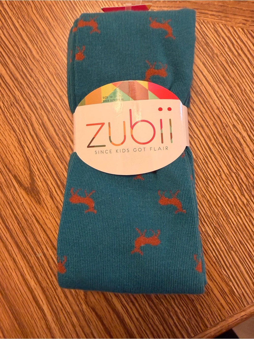( NWT) Zubii Girl's Size 10 Teal Tights With Reindeer Pattern